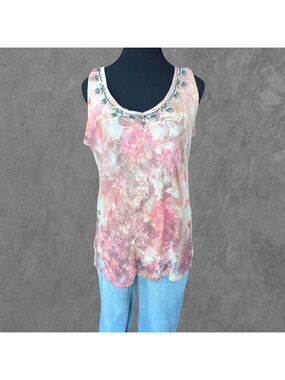 Vintage Dressbarn Y2K Beaded Pink & Beige Floral Lace Tank L